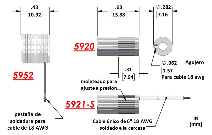 Diagrama de uso de los accesorios 5920, 5921-S y 5952 para la conexión de cables